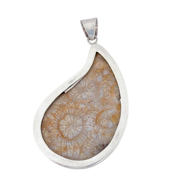 Fossil Coral Gemstone Handmade 925 Sterling Silver Jewelry  Coral Fossil Pendant | Teardrop Stone Setting | Sterling Silver 925